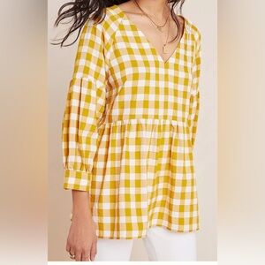 Anthropologie Yellow and White Checkered Blouse petite XL